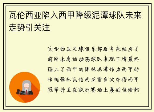 瓦伦西亚陷入西甲降级泥潭球队未来走势引关注