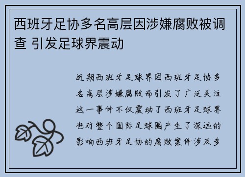 西班牙足协多名高层因涉嫌腐败被调查 引发足球界震动 西班牙足协多名高层因涉嫌腐败被调查 引发足球界震动