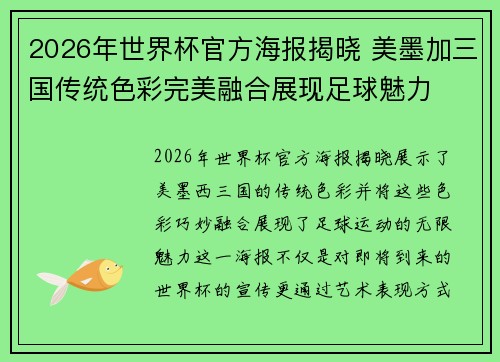 2026年世界杯官方海报揭晓 美墨加三国传统色彩完美融合展现足球魅力 2026年世界杯官方海报揭晓 美墨加三国传统色彩完美融合展现足球魅力